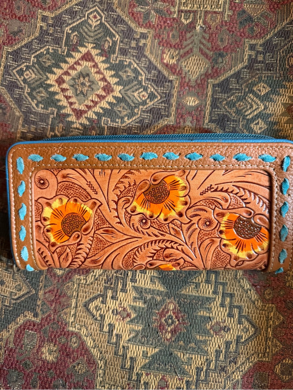 Hand-Tooled Floral Leather Card Holder in Brown and Turquoise